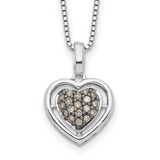 Sterling Silver White Night Rhodium-Plated Champagne Diamond Heart 18 Inch Necklace With 2 Extender