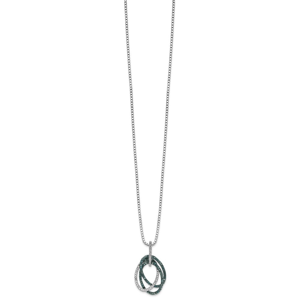 Sterling Silver White Night Rhodium-Plated Blue And Diamond Triple Oval Pendant 18 Inch Necklace With 2 Extender