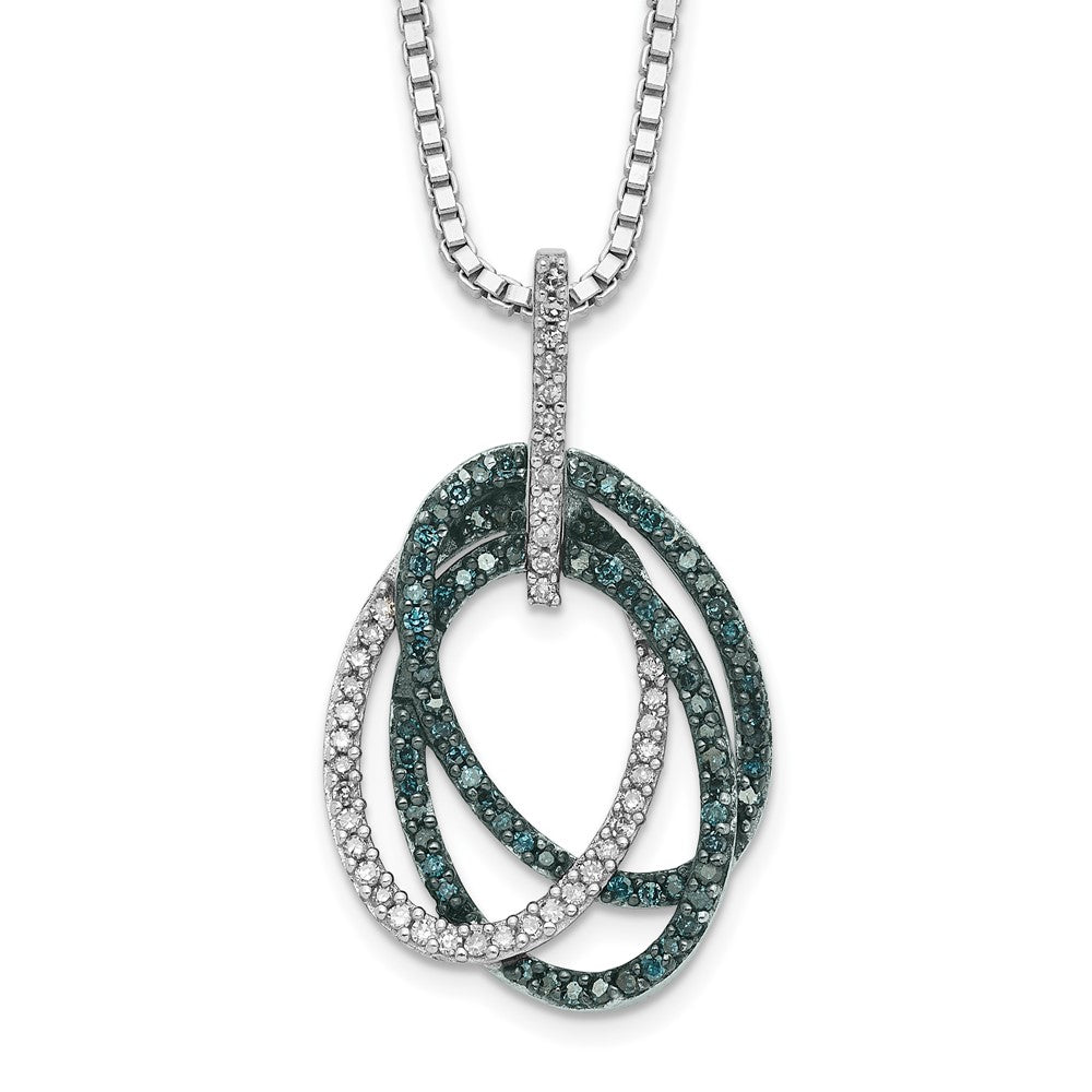 Sterling Silver White Night Rhodium-Plated Blue And Diamond Triple Oval Pendant 18 Inch Necklace With 2 Extender