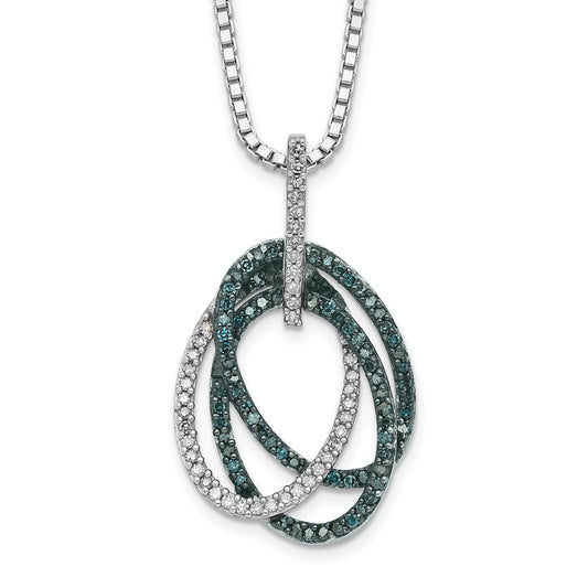Sterling Silver White Night Rhodium-Plated Blue And Diamond Triple Oval Pendant 18 Inch Necklace With 2 Extender