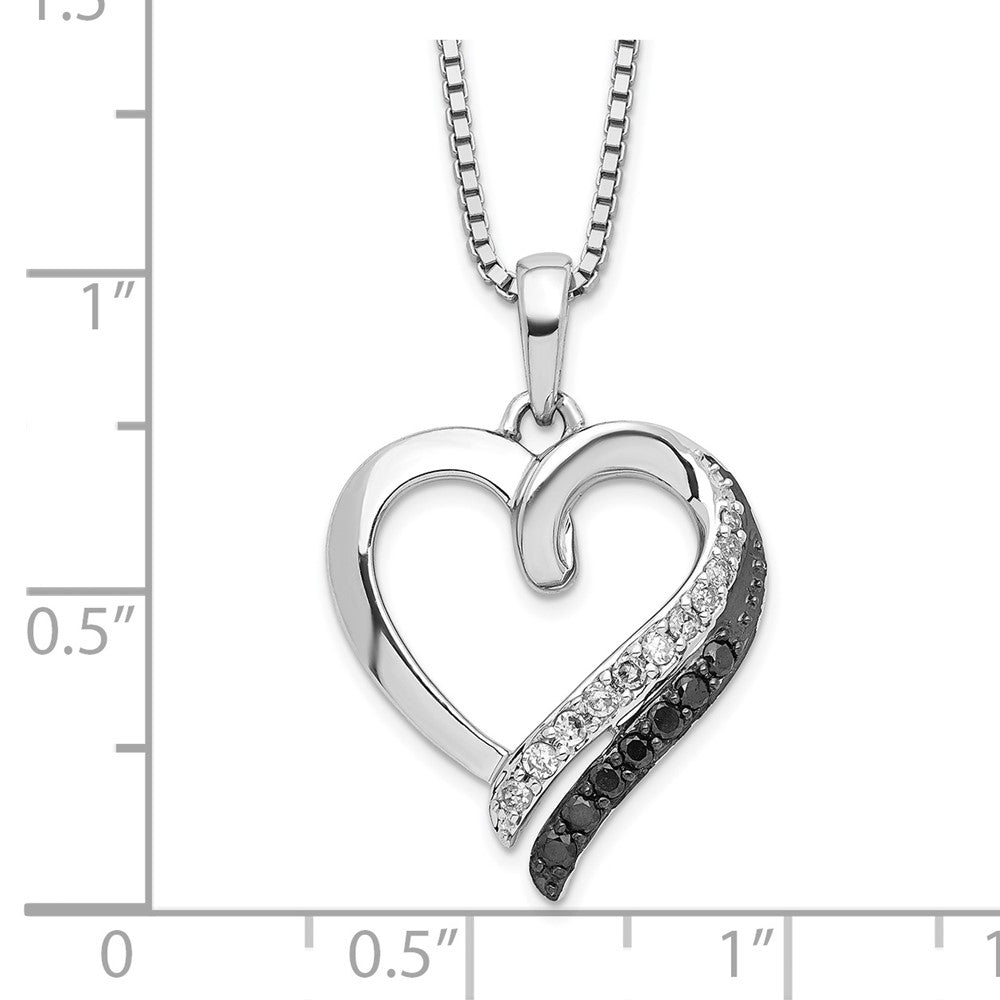 Sterling Silver White Night Rhodium-Plated Black And Diamond Heart Necklace With 2 Inch Extender