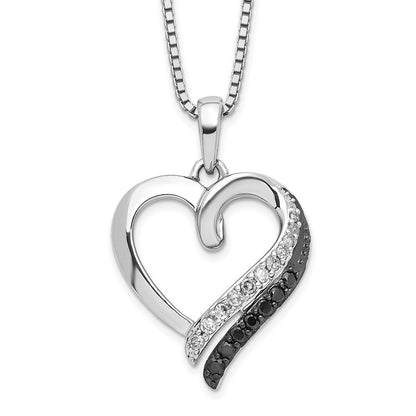 Sterling Silver White Night Rhodium-Plated Black And Diamond Heart Necklace With 2 Inch Extender