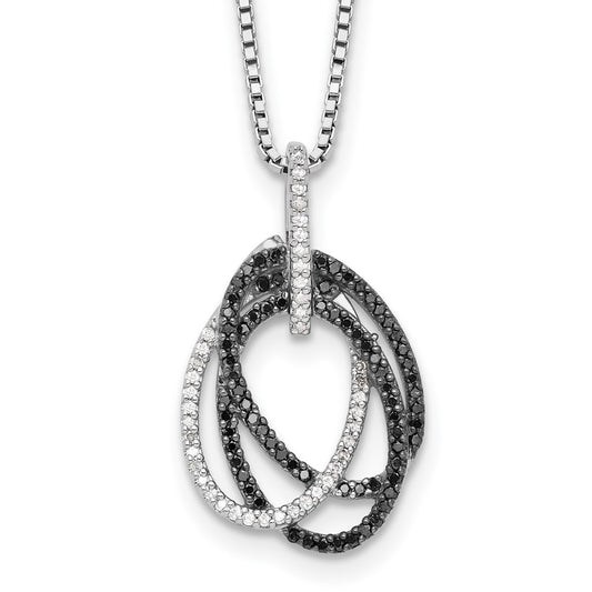 Sterling Silver White Night Rhodium-Plated Black And Diamond Triple Oval 18 Inch Necklace With 2 Extender