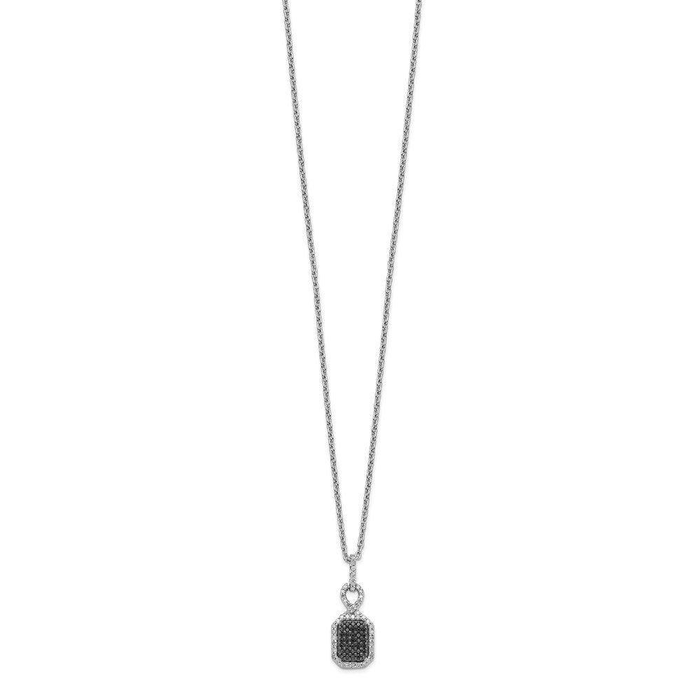 Sterling Silver White Night Rhodium-Plated Black And Diamond Rectangle Pendant 18 Inch Necklace With 2 Extender