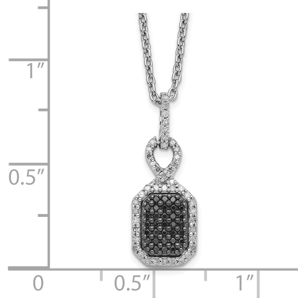 Sterling Silver White Night Rhodium-Plated Black And Diamond Rectangle Pendant 18 Inch Necklace With 2 Extender