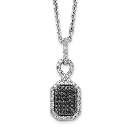 Sterling Silver White Night Rhodium-Plated Black And Diamond Rectangle Pendant 18 Inch Necklace With 2 Extender