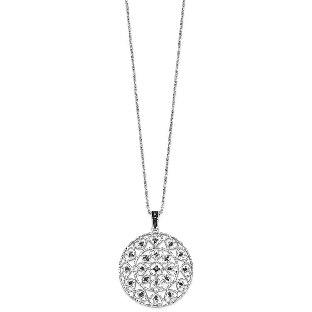Sterling Silver White Night Rhodium-Plated Black Diamond Circle Pendant 18 Inch Necklace With 2 Extender