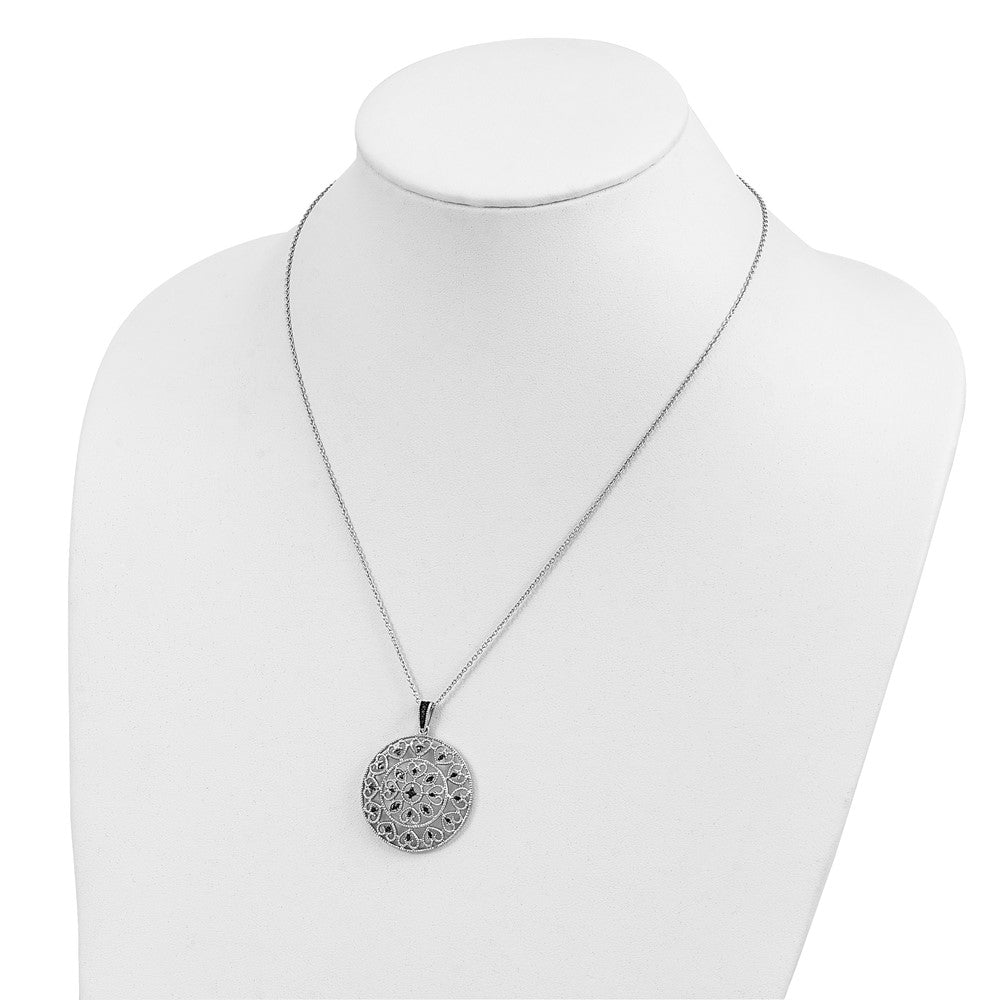 Sterling Silver White Night Rhodium-Plated Black Diamond Circle Pendant 18 Inch Necklace With 2 Extender