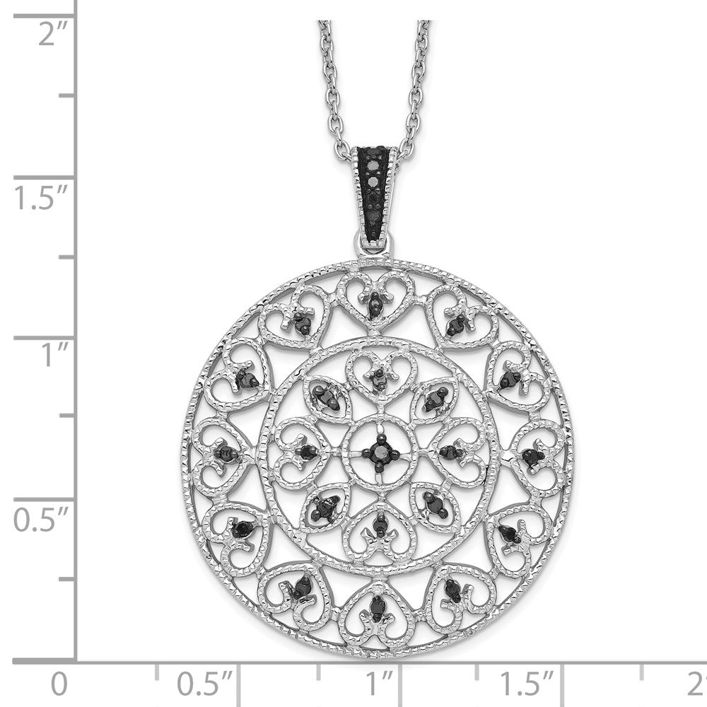 Sterling Silver White Night Rhodium-Plated Black Diamond Circle Pendant 18 Inch Necklace With 2 Extender