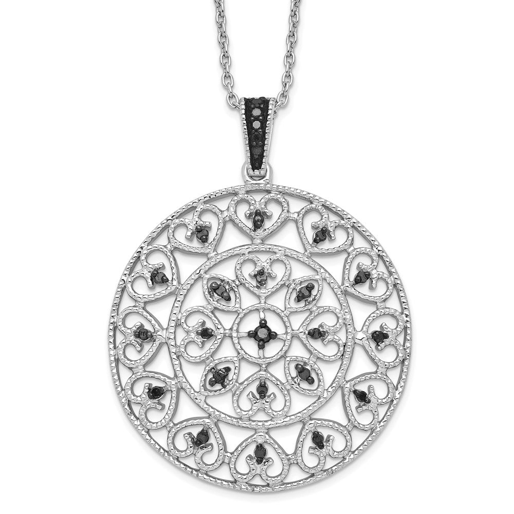 Sterling Silver White Night Rhodium-Plated Black Diamond Circle Pendant 18 Inch Necklace With 2 Extender