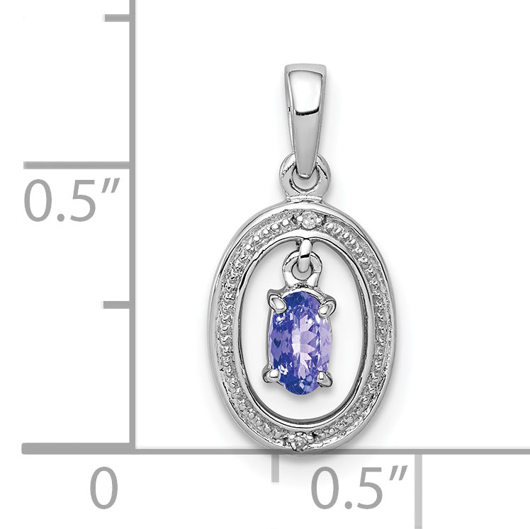 Sterling Silver Rhodium Plated Diamond And Tanzanite Oval Pendant