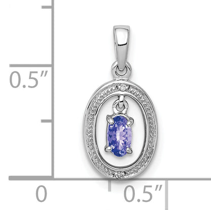 Sterling Silver Rhodium Plated Diamond And Tanzanite Oval Pendant