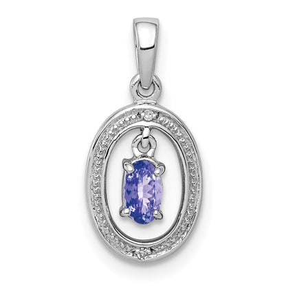 Sterling Silver Rhodium Plated Diamond And Tanzanite Oval Pendant