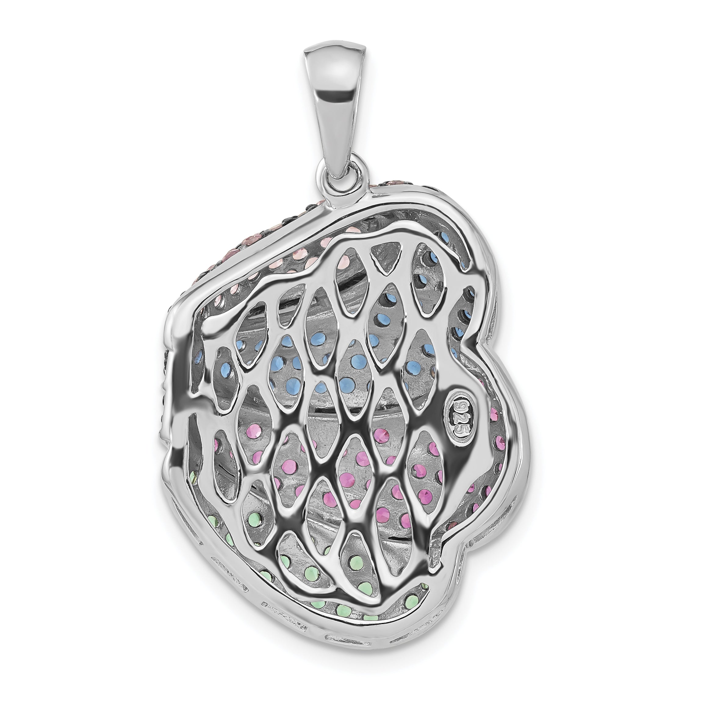 Sterling Silver & Black Rhodium Blue Green Glass W/ Light Dark Synthetic Ruby Pendant