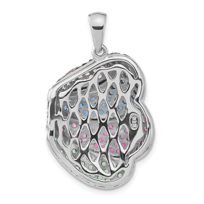 Sterling Silver & Black Rhodium Blue Green Glass W/ Light Dark Synthetic Ruby Pendant