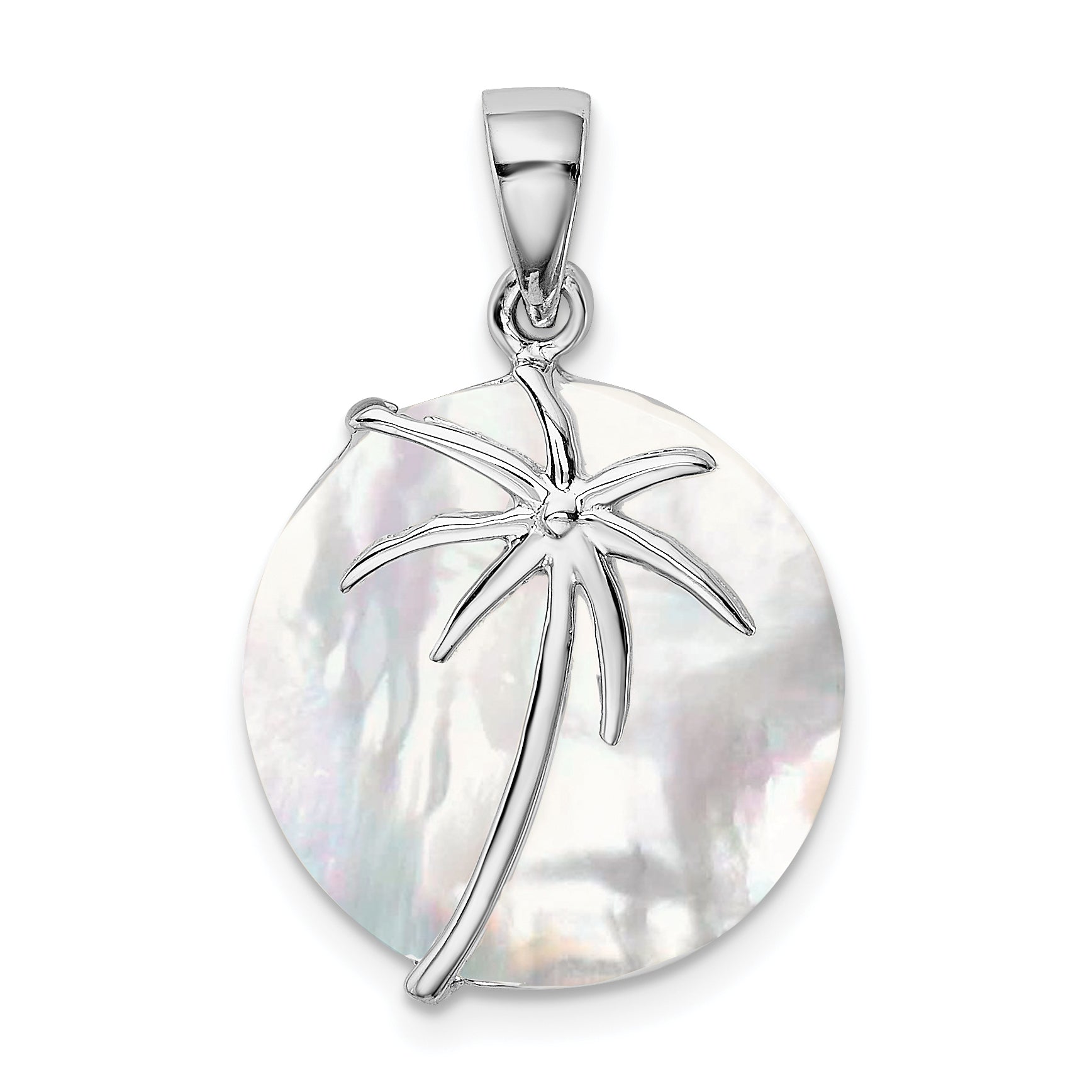 Sterling Silver Rhodium-Plated Polished Round Mother Of Pearl Palm Tree Pendant