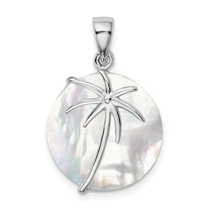 Sterling Silver Rhodium-Plated Polished Round Mother Of Pearl Palm Tree Pendant