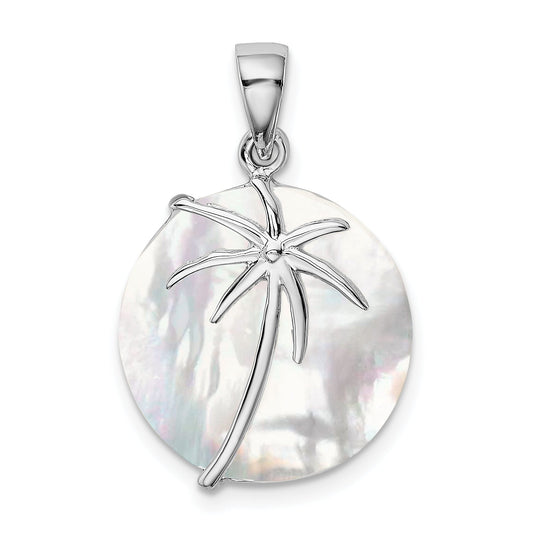 Sterling Silver Rhodium-Plated Polished Round Mother Of Pearl Palm Tree Pendant