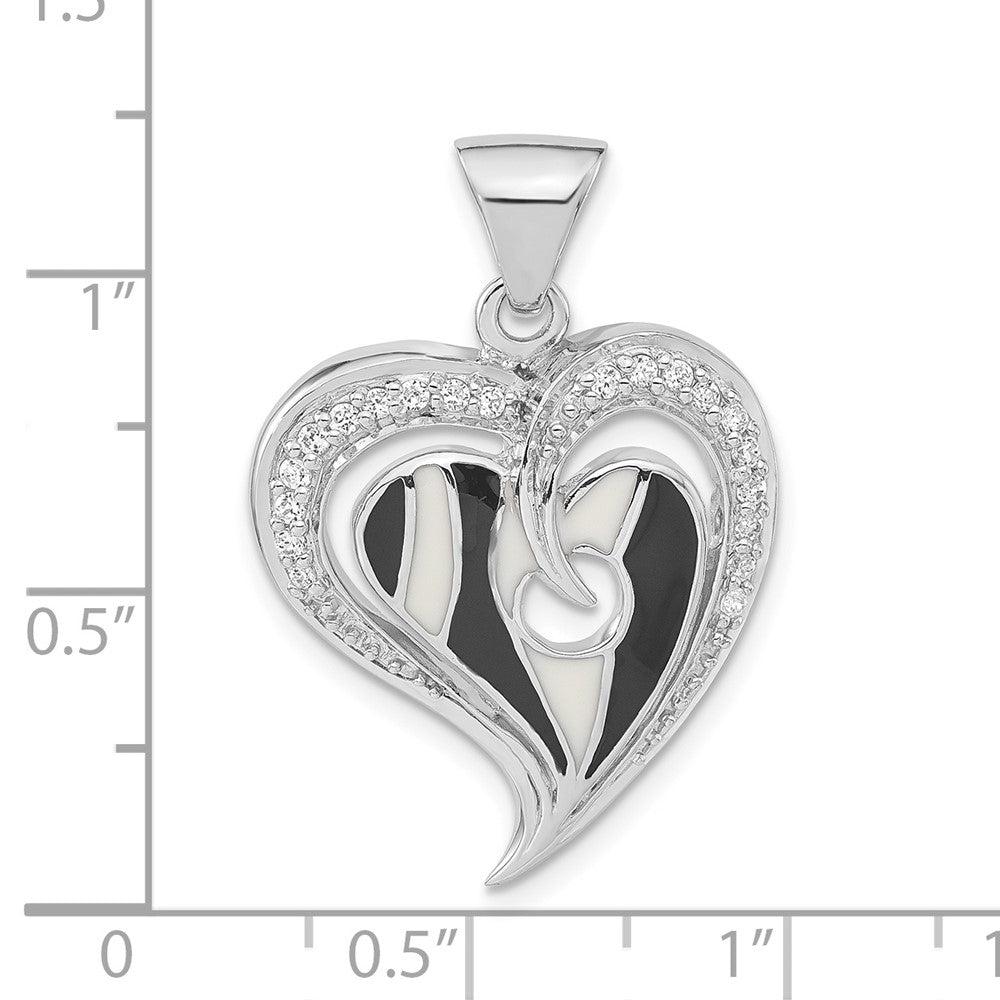 Sterling Silver Polished Black & White Enamel Cz Heart Pendant