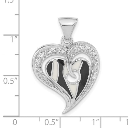 Sterling Silver Polished Black & White Enamel Cz Heart Pendant