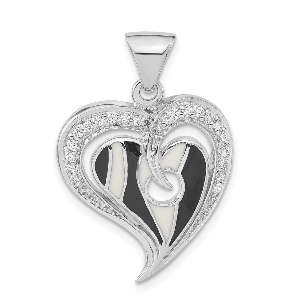 Sterling Silver Polished Black & White Enamel Cz Heart Pendant