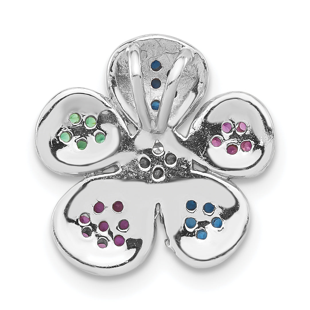 Sterling Silver Black Rhodium Synthetic Stones & Cz Flower Slide Pendant