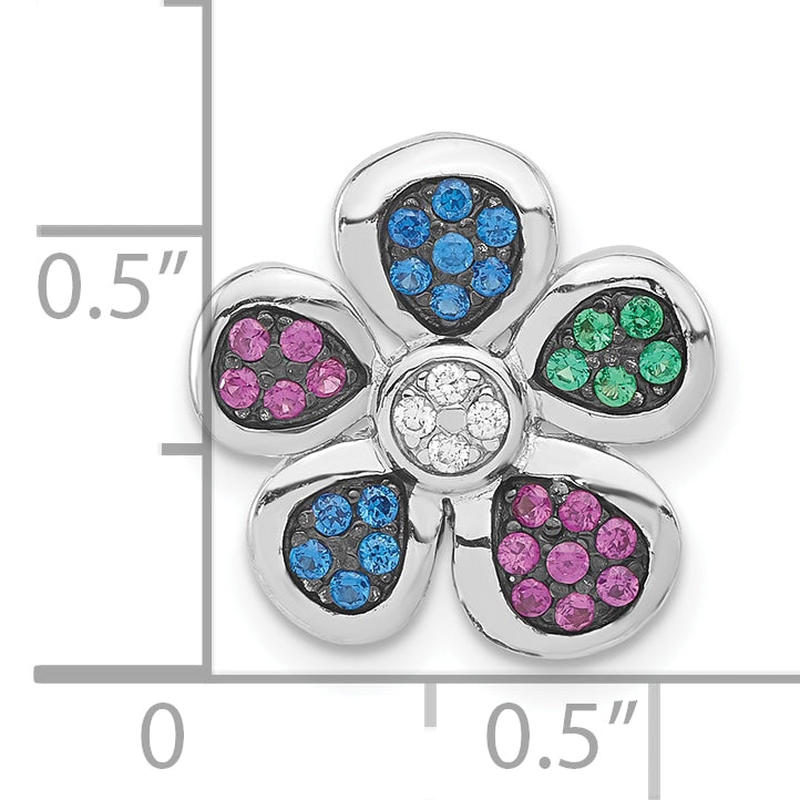 Sterling Silver Black Rhodium Synthetic Stones & Cz Flower Slide Pendant