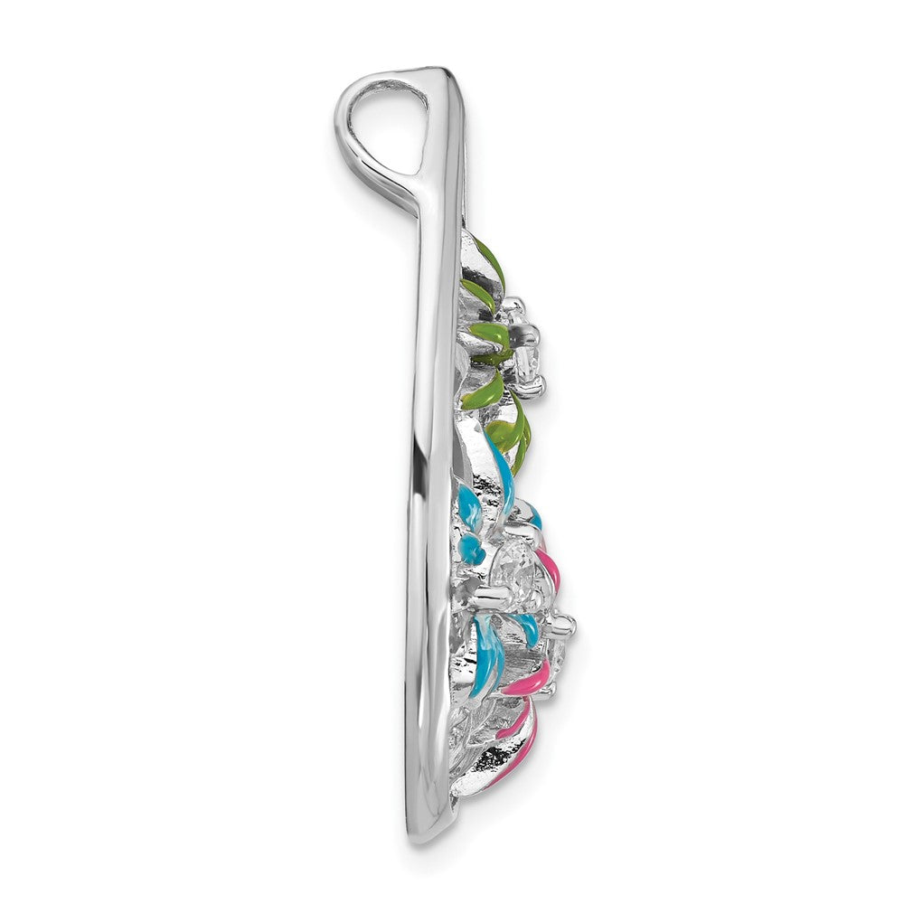 Sterling Silver Cz & Blue, Green Pink Enamel Floral Teardrop Slide
