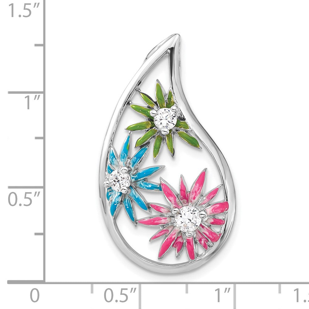 Sterling Silver Cz & Blue, Green Pink Enamel Floral Teardrop Slide