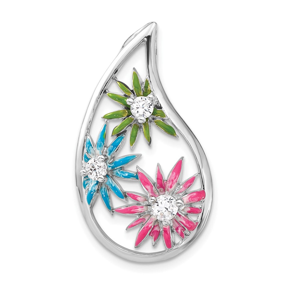 Sterling Silver Cz & Blue, Green Pink Enamel Floral Teardrop Slide