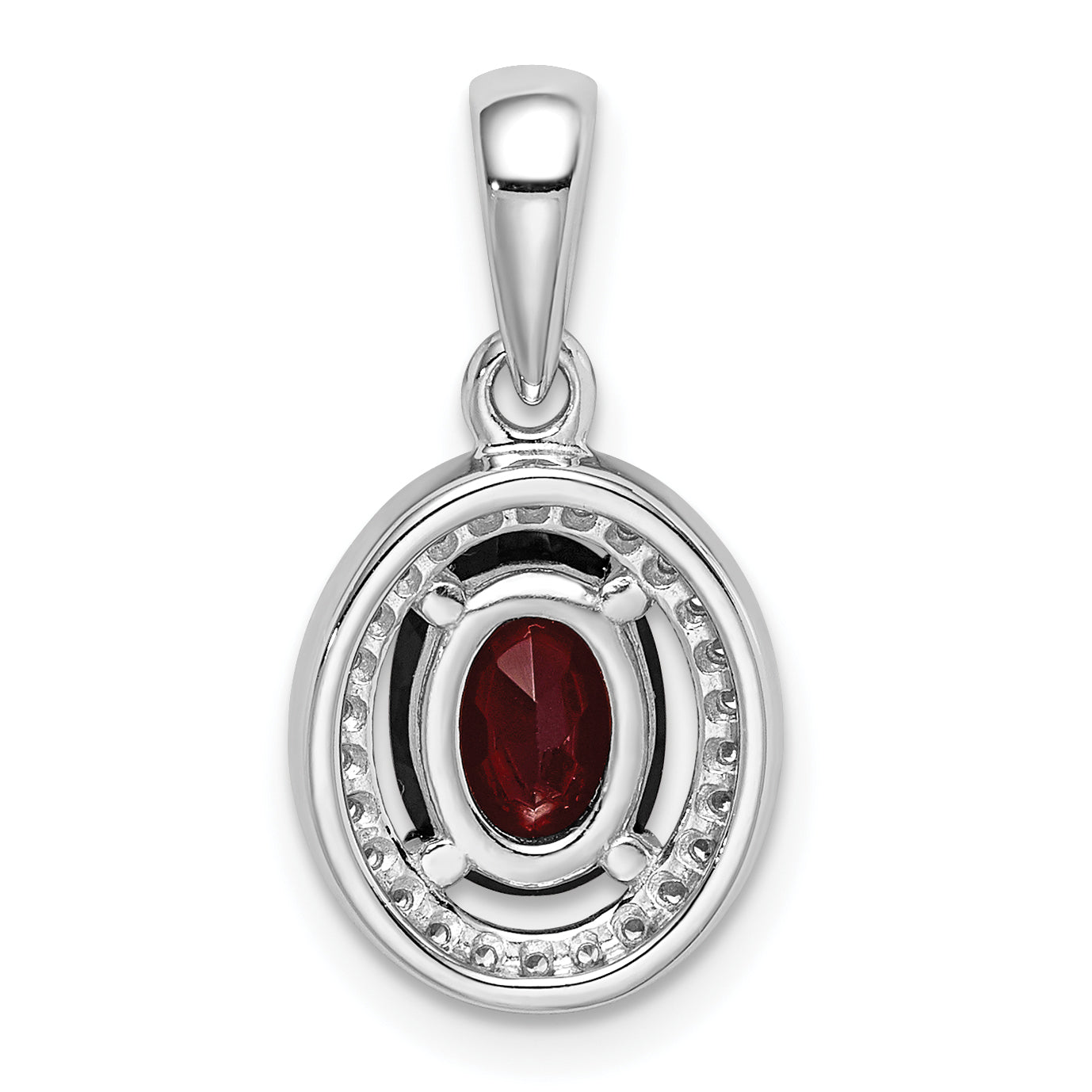 Sterling Silver Rhod-Plated W/ Dark Red And White Cz Oval Pendant