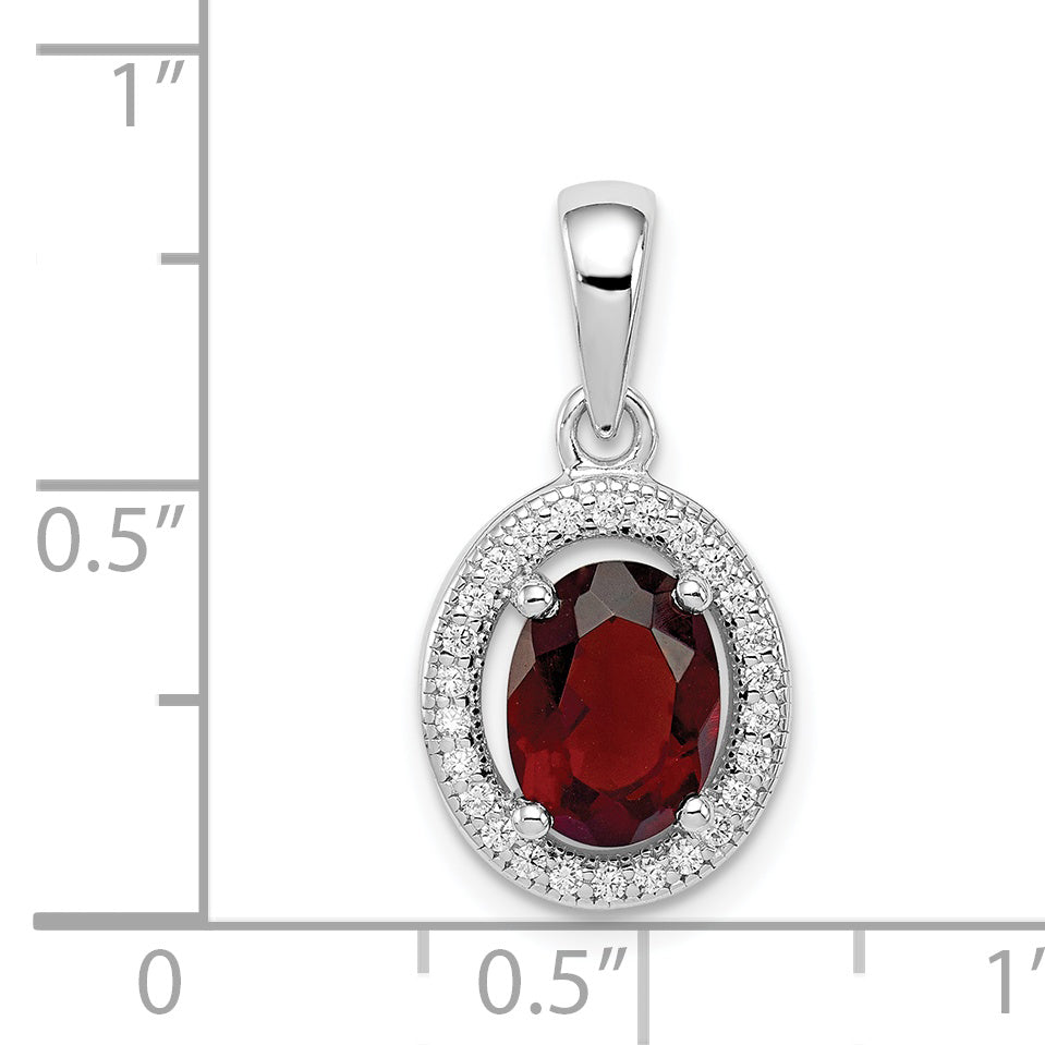 Sterling Silver Rhod-Plated W/ Dark Red And White Cz Oval Pendant