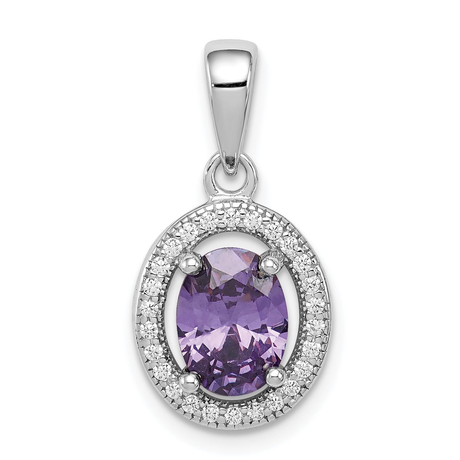 Sterling Silver Rhod-Plated W/ Purple And White Cz Oval Pendant