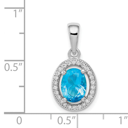 Sterling Silver Rhod-Plated W/ Light Blue And White Cz Oval Pendant