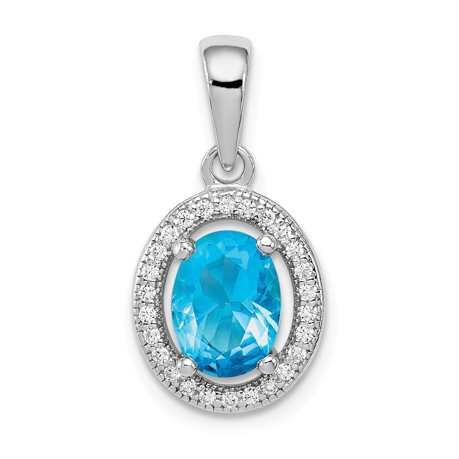 Sterling Silver Rhod-Plated W/ Light Blue And White Cz Oval Pendant
