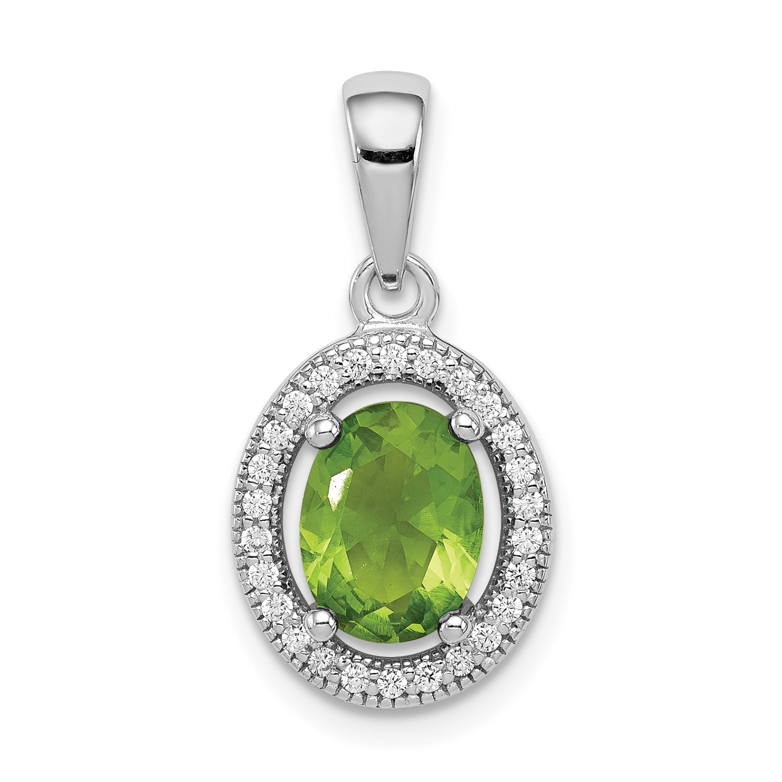 Sterling Silver Rhod-Plated Light Green And White Cz Oval Pendant