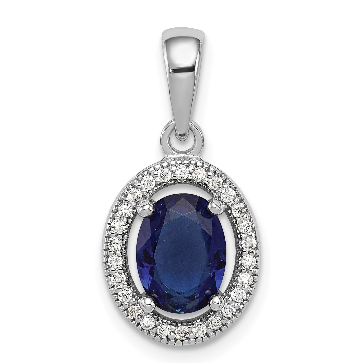 Sterling Silver Rhod-Plated Dark Blue And White Cz Oval Pendant