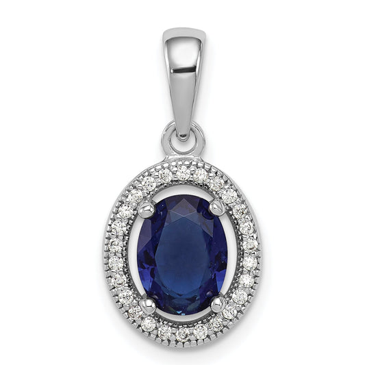 Sterling Silver Rhod-Plated Dark Blue And White Cz Oval Pendant