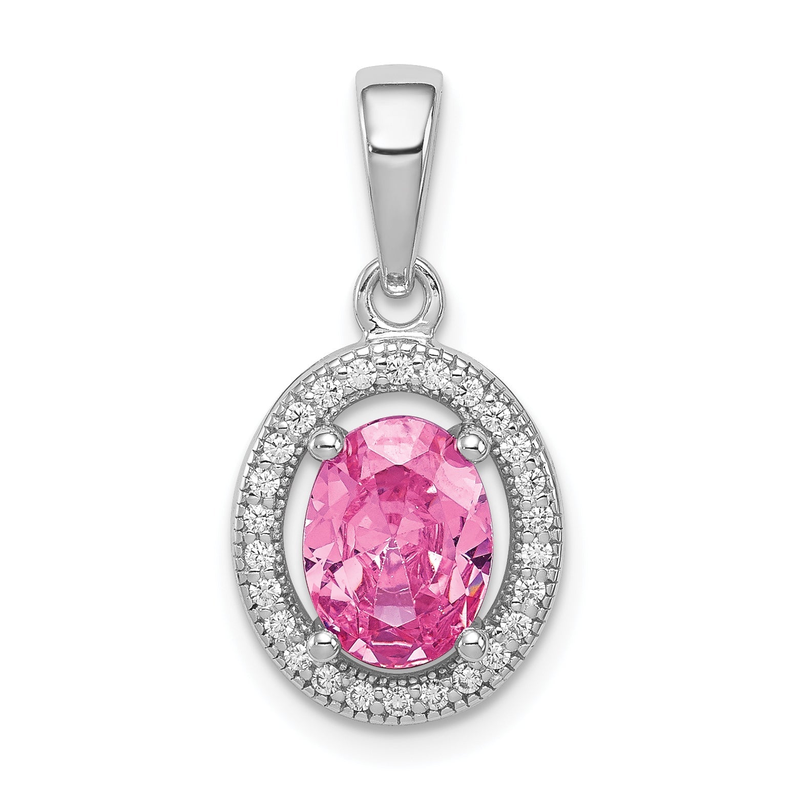 Sterling Silver Rhod-Plated Pink And White Cz Oval Pendant
