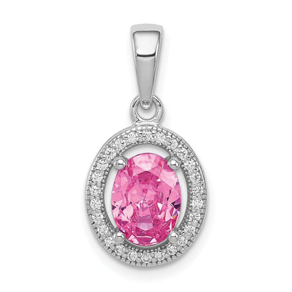 Sterling Silver Rhod-Plated Pink And White Cz Oval Pendant