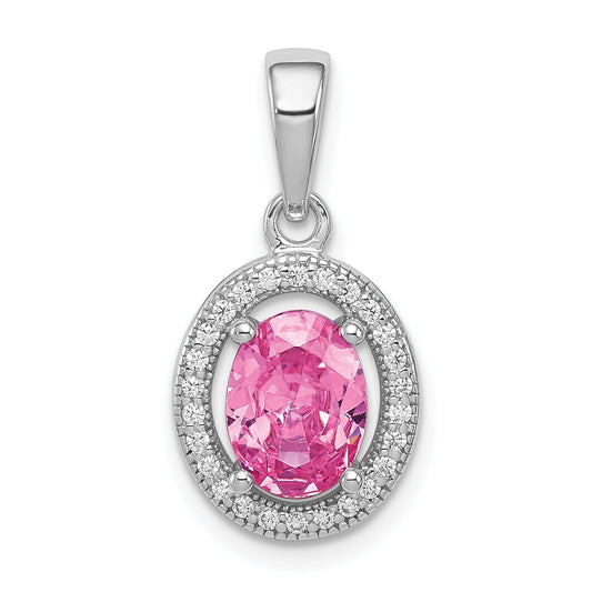 Sterling Silver Rhod-Plated Pink And White Cz Oval Pendant