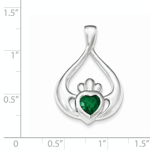 Sterling Silver Rhodium-Plated Green Cz Heart Claddagh Pendant