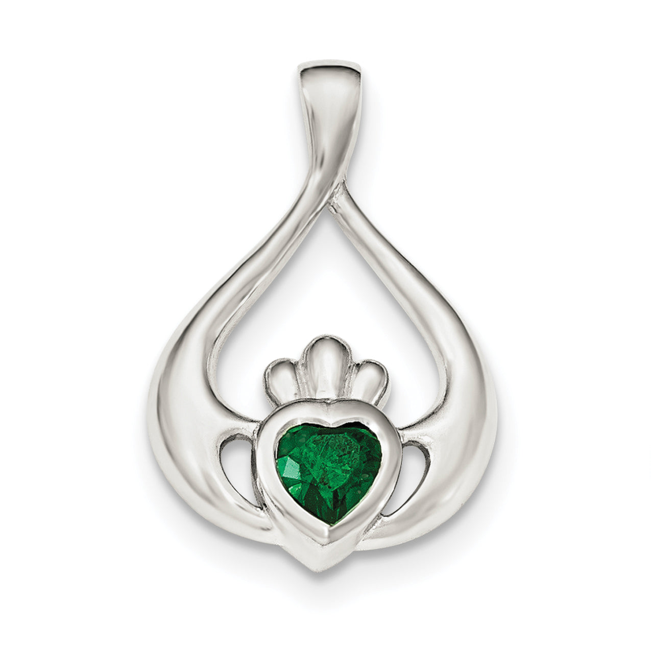 Sterling Silver Rhodium-Plated Green Cz Heart Claddagh Pendant