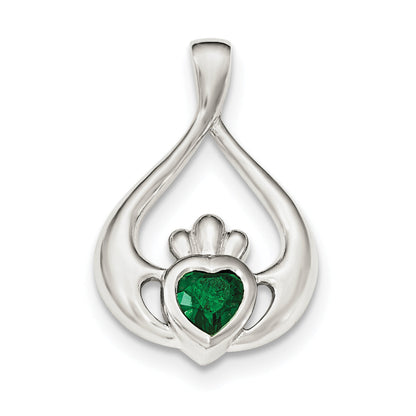 Sterling Silver Rhodium-Plated Green Cz Heart Claddagh Pendant