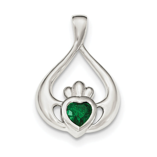 Sterling Silver Rhodium-Plated Green Cz Heart Claddagh Pendant