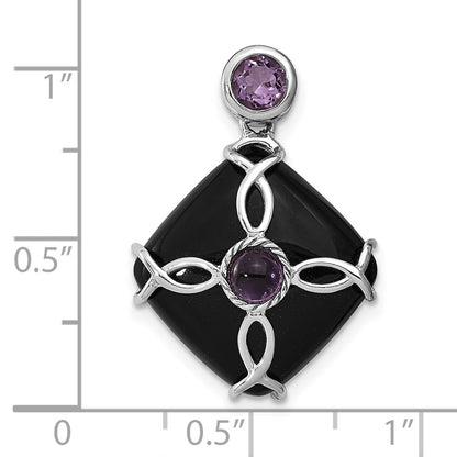 Sterling Silver Rhodium-plated Black Agate and Amethyst Pendant