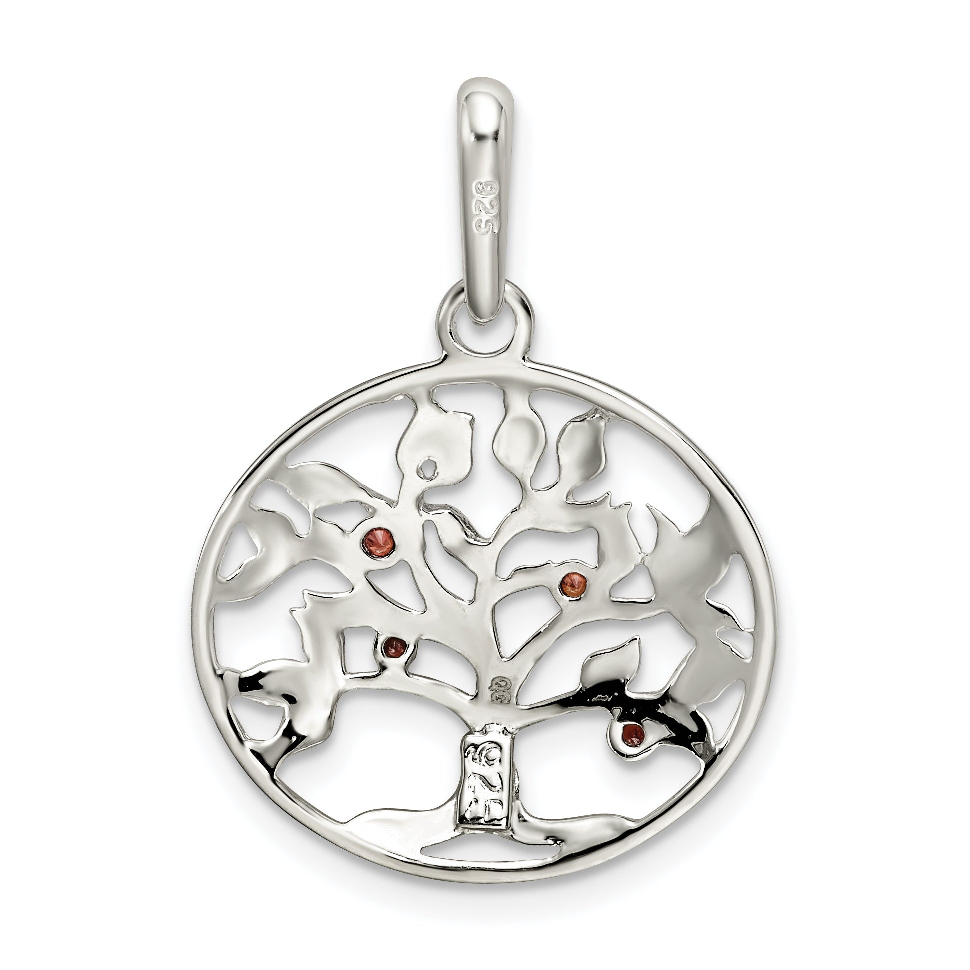 Sterling Silver Polished Red Cz Tree Circle Pendant