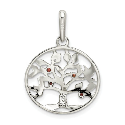 Sterling Silver Polished Red Cz Tree Circle Pendant