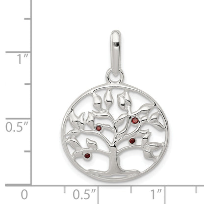 Sterling Silver Polished Red Cz Tree Circle Pendant