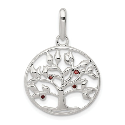 Sterling Silver Polished Red Cz Tree Circle Pendant